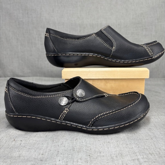 Clarks Collection‎ Ashland Black Leather Slip On Loafer Shoes Womens 8 Wide - Picture 2 of 11